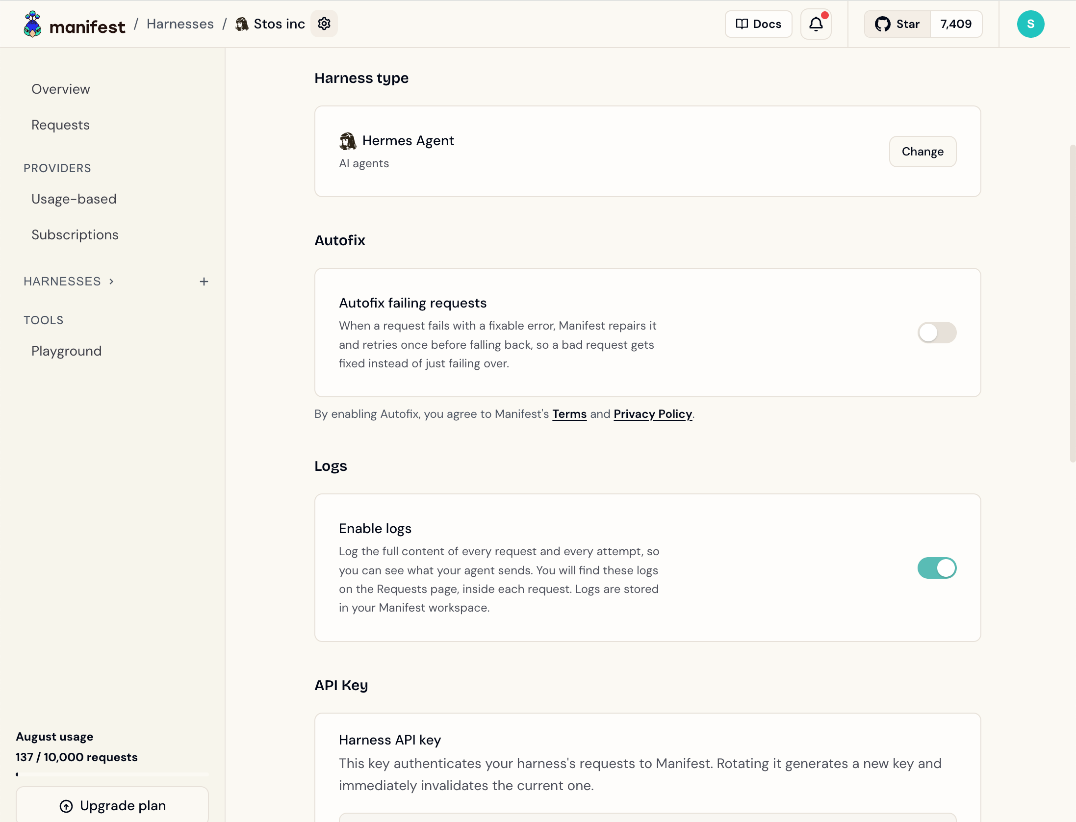 A harness Settings page with the Logs section and the Enable logs switch on