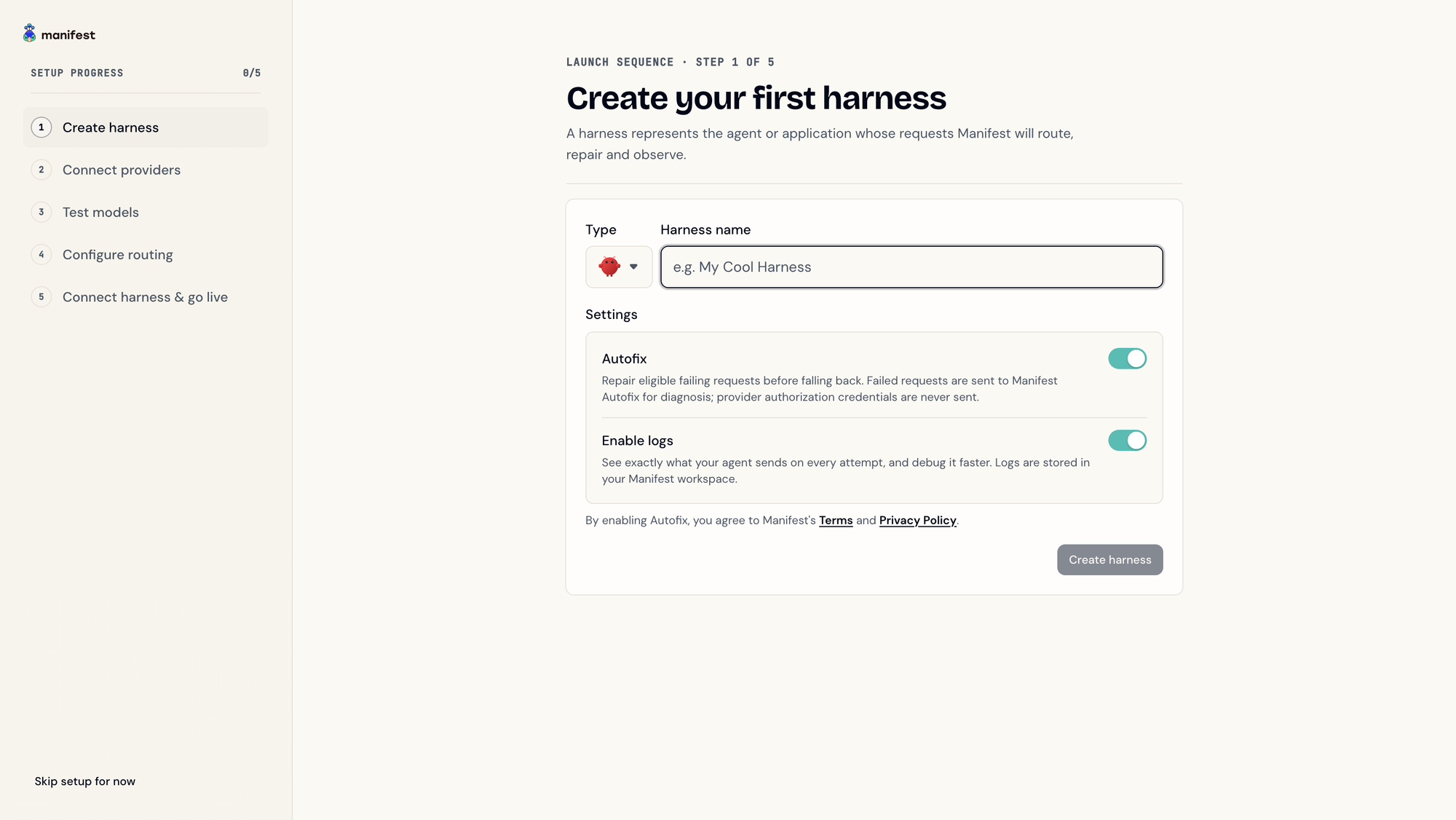The LLM Gateway guided setup on step one, Create your first harness, with the five setup steps listed in the sidebar