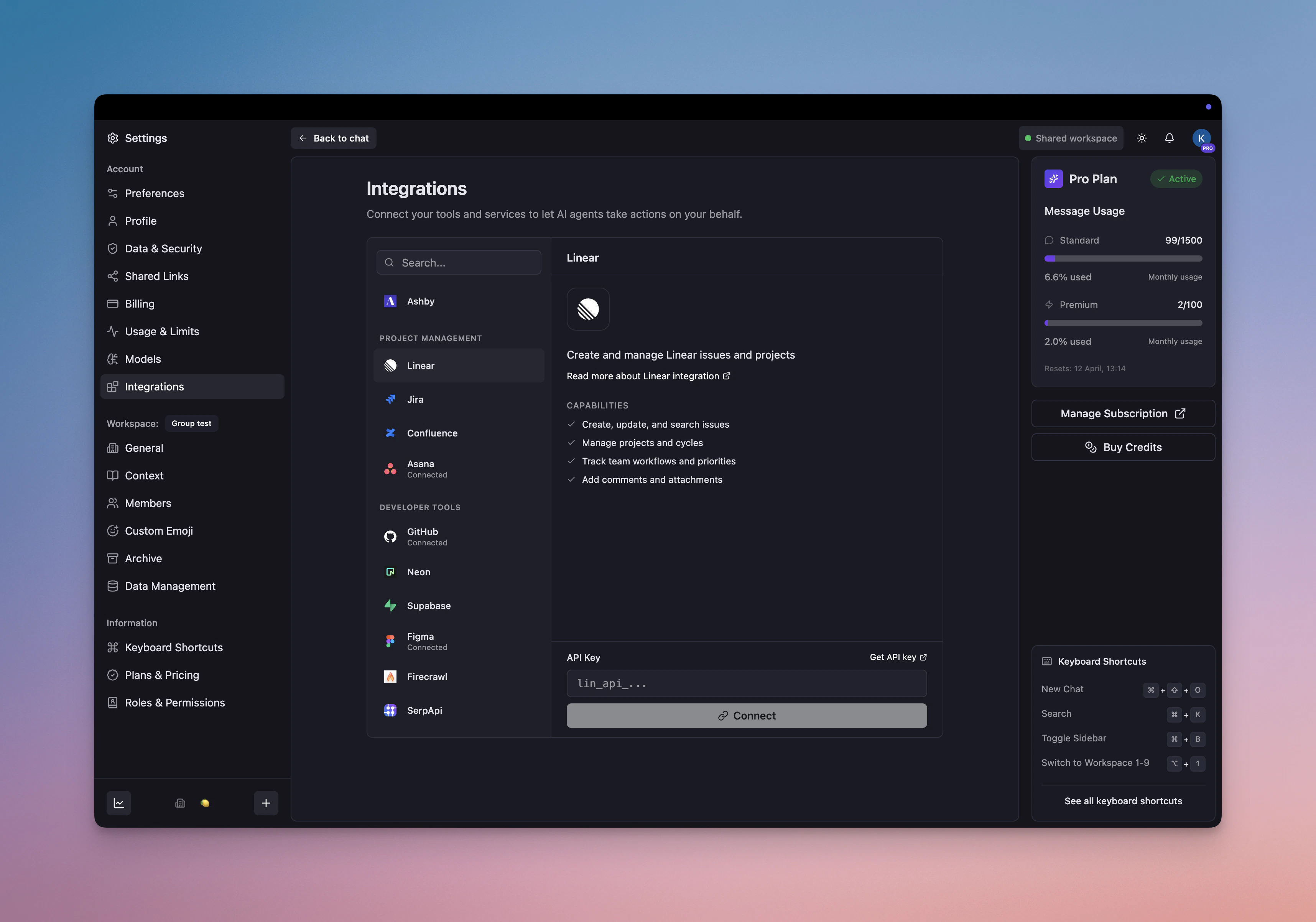 Linear integration settings panel