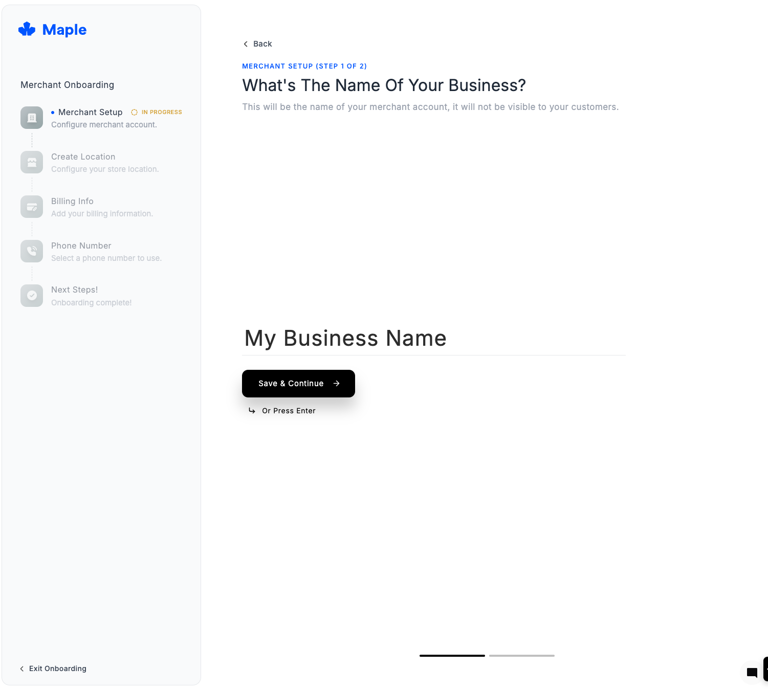 Merchant account basic information form showing business name and website fields