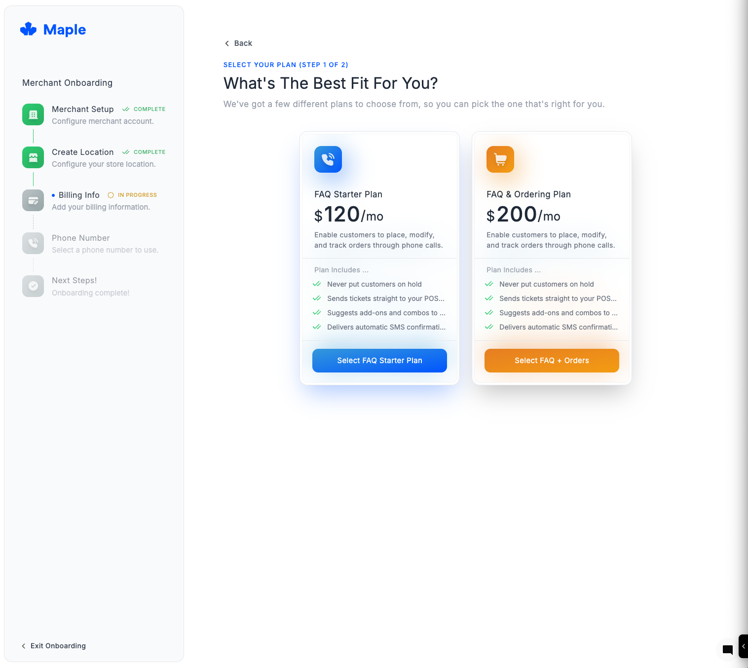 Billing information and plan selection screen