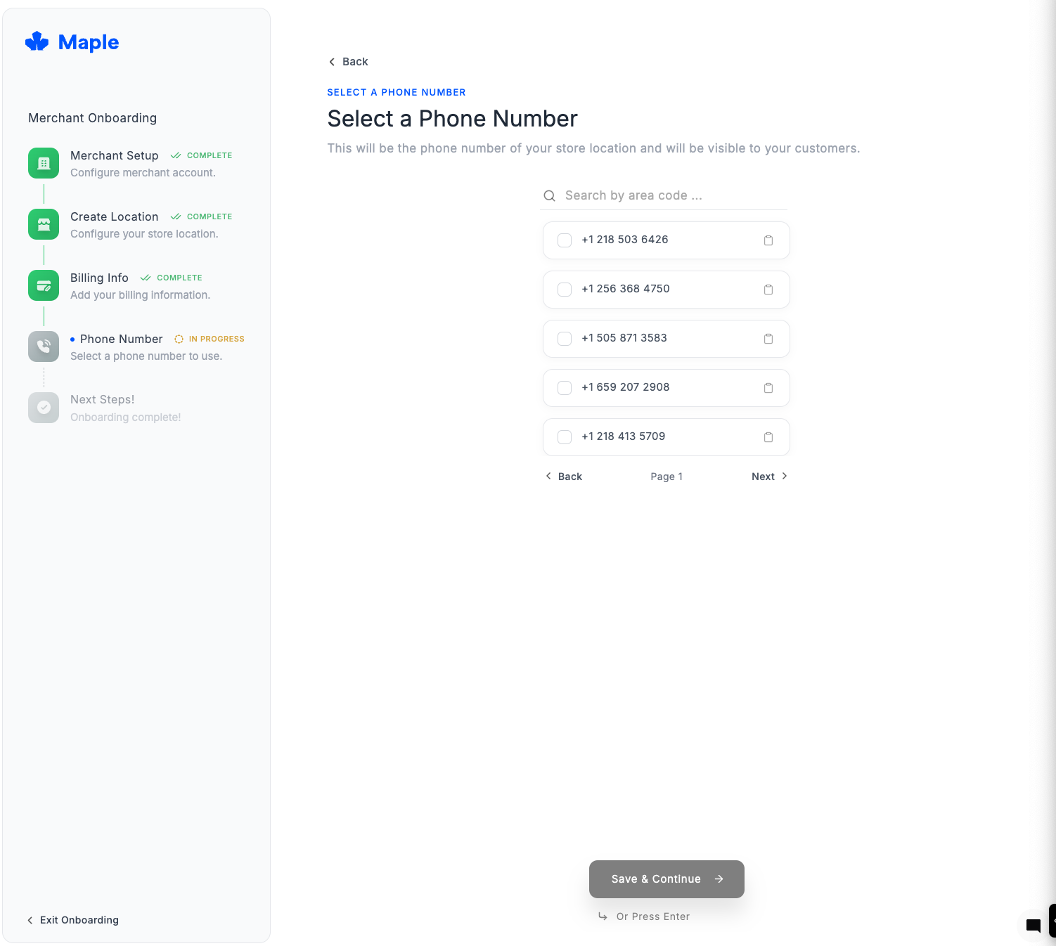 Phone number selection screen showing available numbers by area code