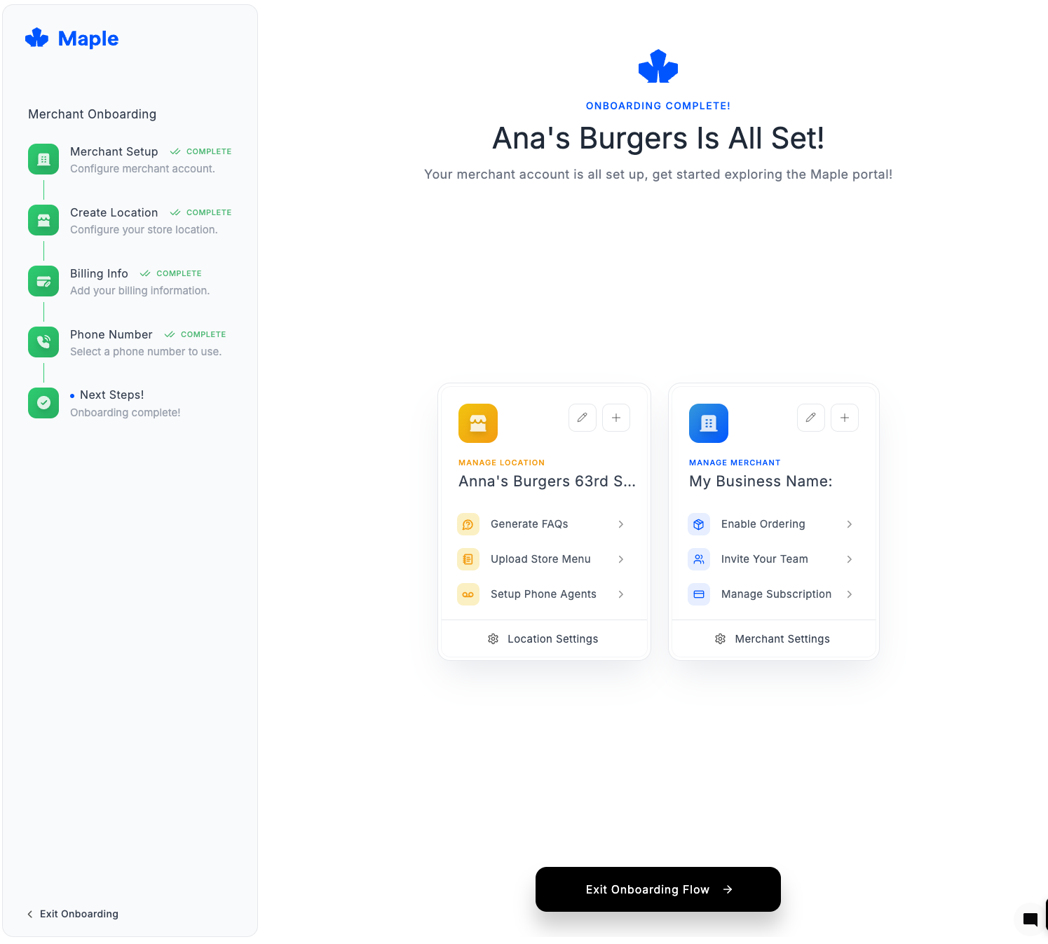 Onboarding completion screen showing setup summary