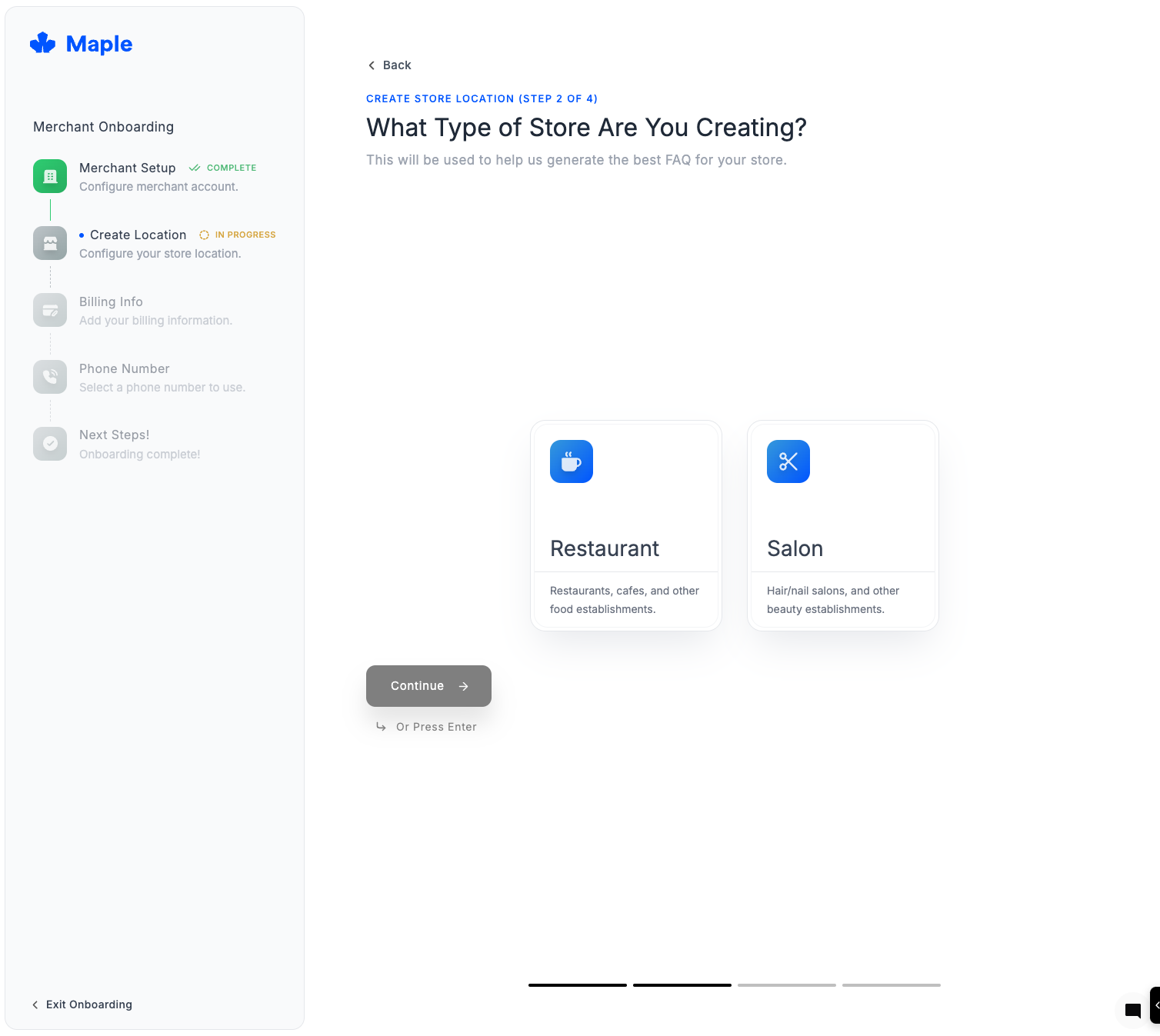Store location type selection and address configuration