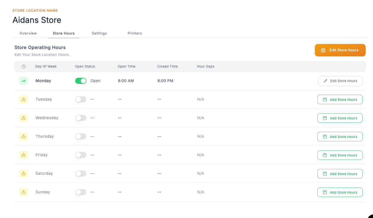 Store hours table with configured days showing times
