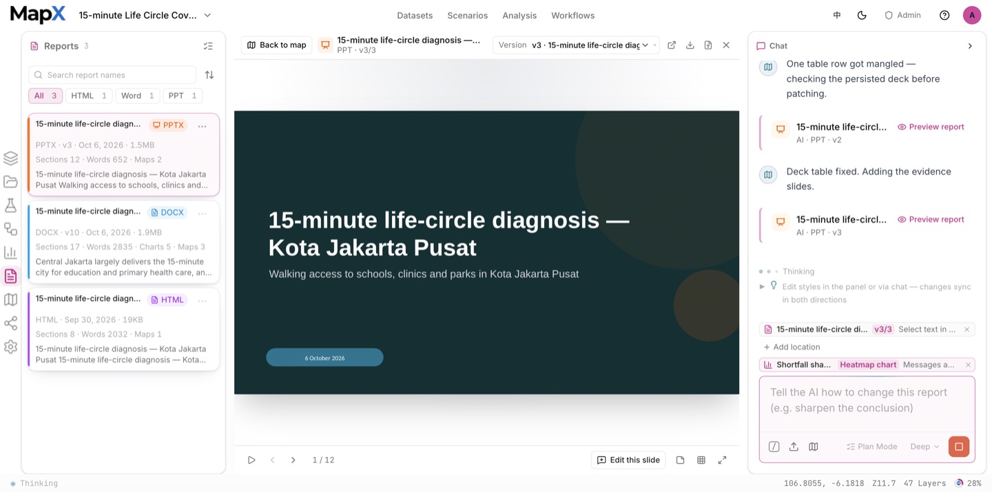 The slide-deck report generated from this run: the title slide in the presentation preview, with the report versions listed in the left panel