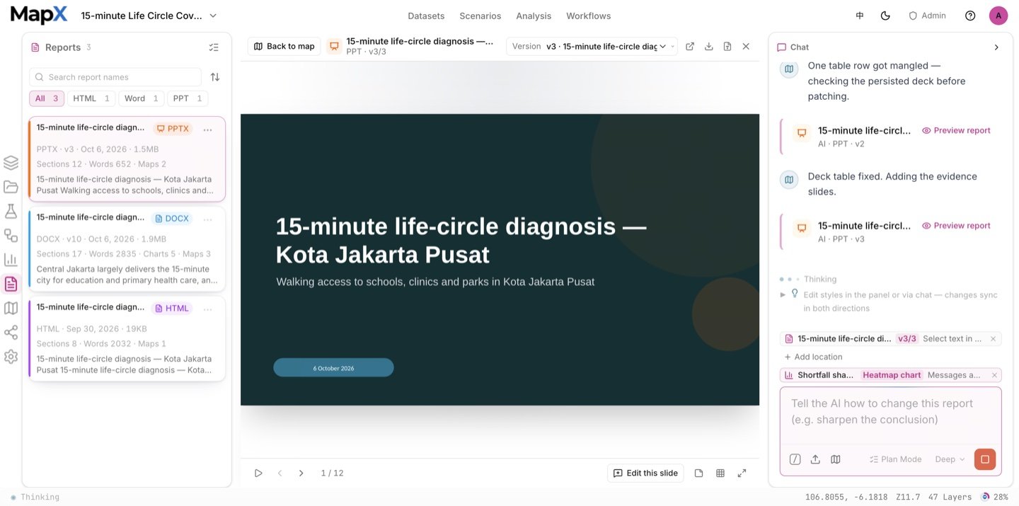 The slide-deck report generated from this run: the title slide in the presentation preview, with the report versions listed in the left panel