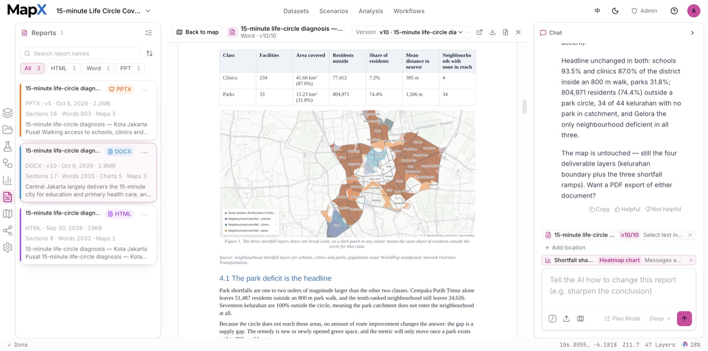 The Word version of the same report: the document preview with the summary table, an embedded map figure and the written analysis