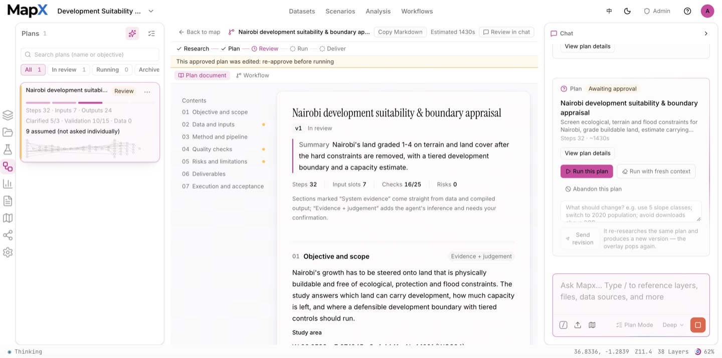 The Nairobi plan document with the Plans panel on the left and the plan awaiting approval in the chat panel; plan sections and recorded decisions readable