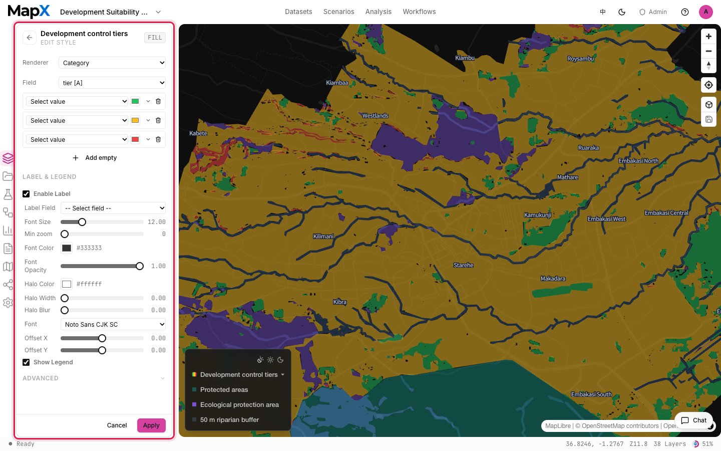 The style editor on a deliverable layer: classed-colour breaks and label settings, with the layer editing panel highlighted in red