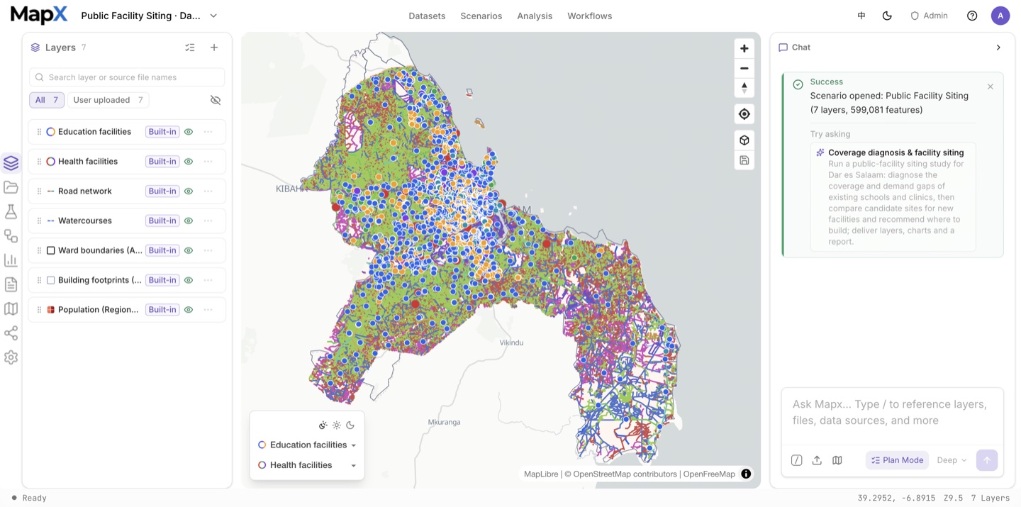 The Dar es Salaam scenario opened in a fresh project: the layer bundle imported, the Layers panel expanded, and the chat panel confirming the import with the suggested question