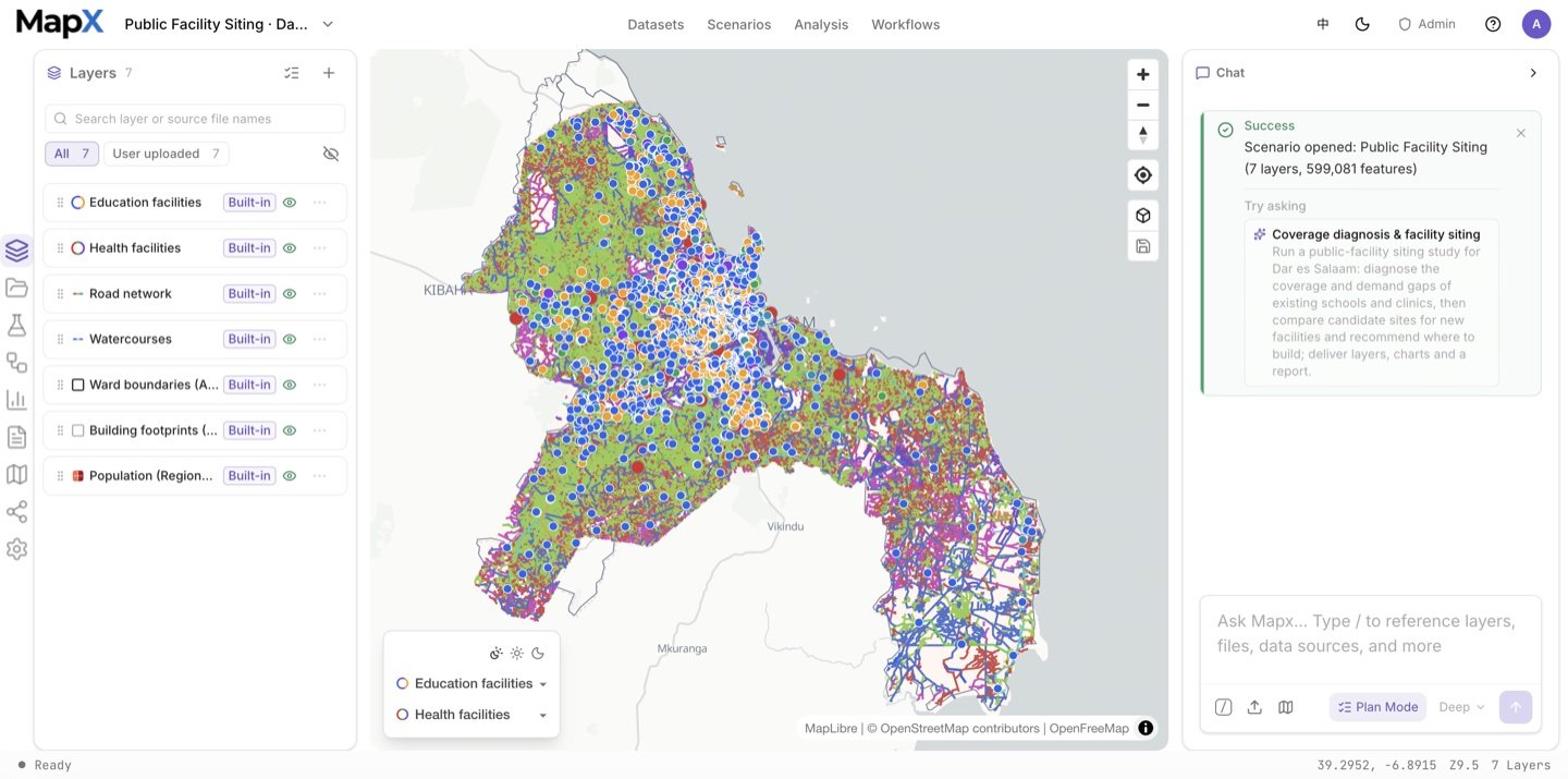 The Dar es Salaam scenario opened in a fresh project: the layer bundle imported, the Layers panel expanded, and the chat panel confirming the import with the suggested question