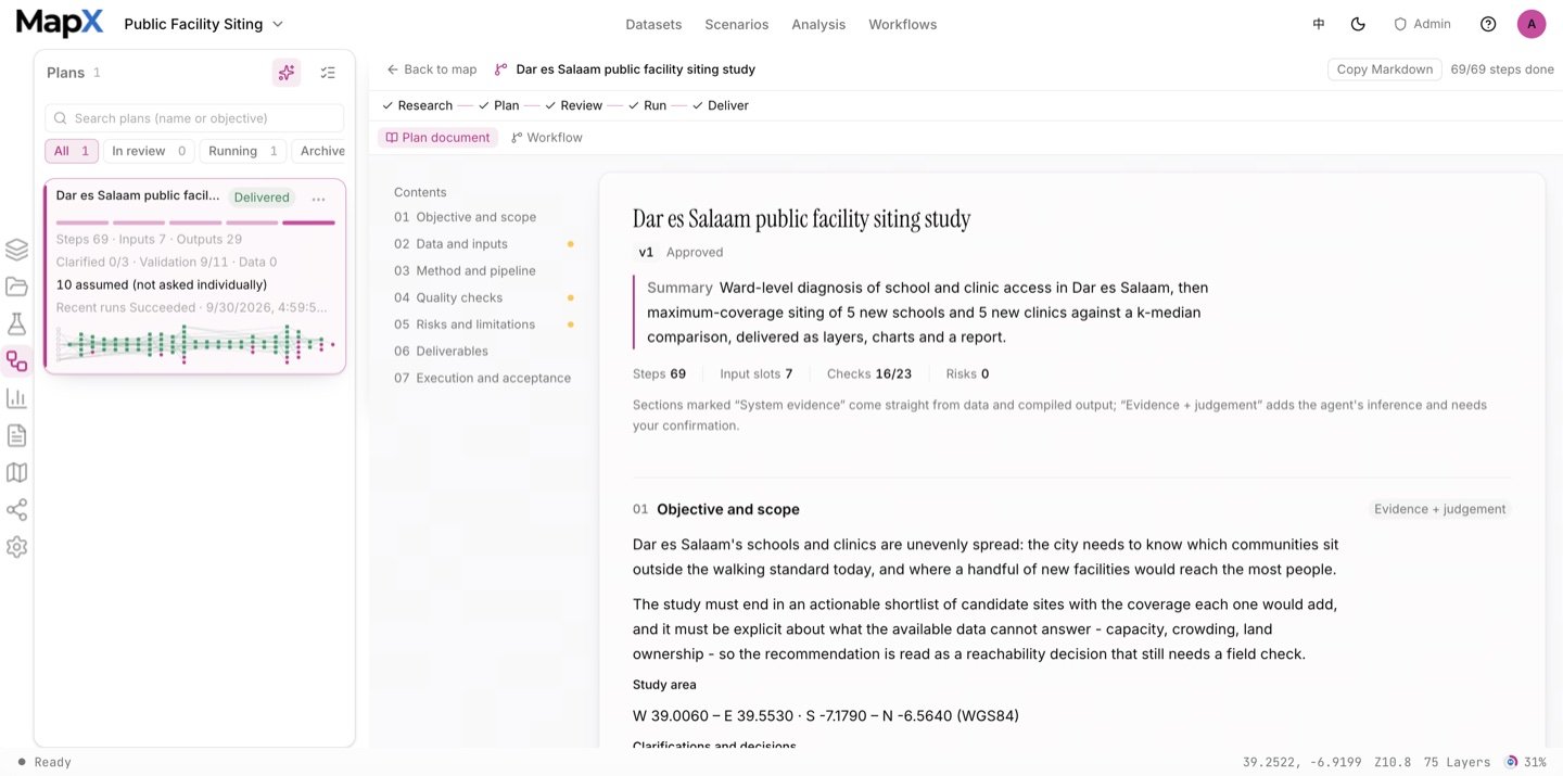 The Dar es Salaam plan document with the Plans panel open on the left; plan sections and recorded decisions readable