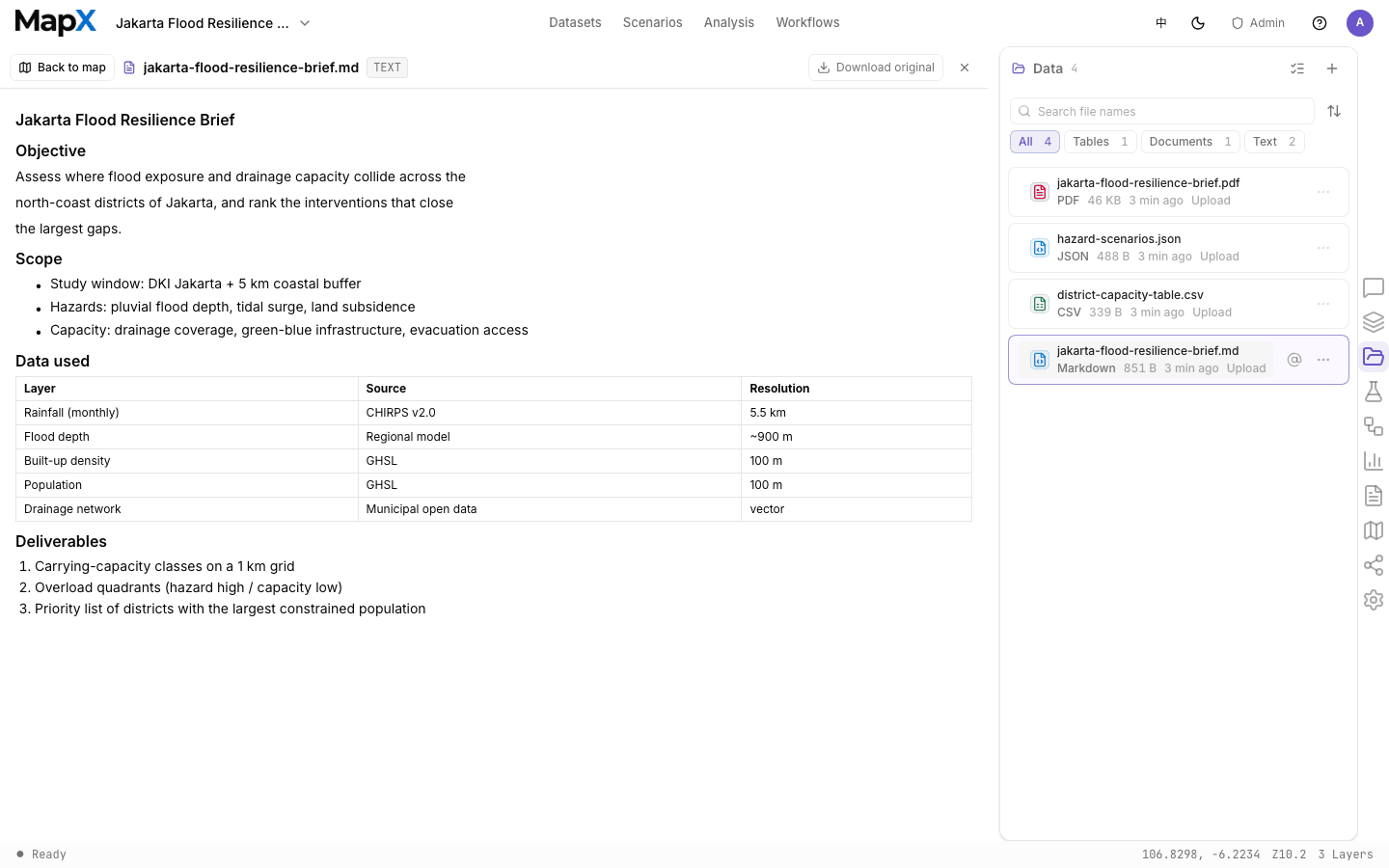Text preview of a Markdown document in the preview canvas, rendering its headings, lists, and tables