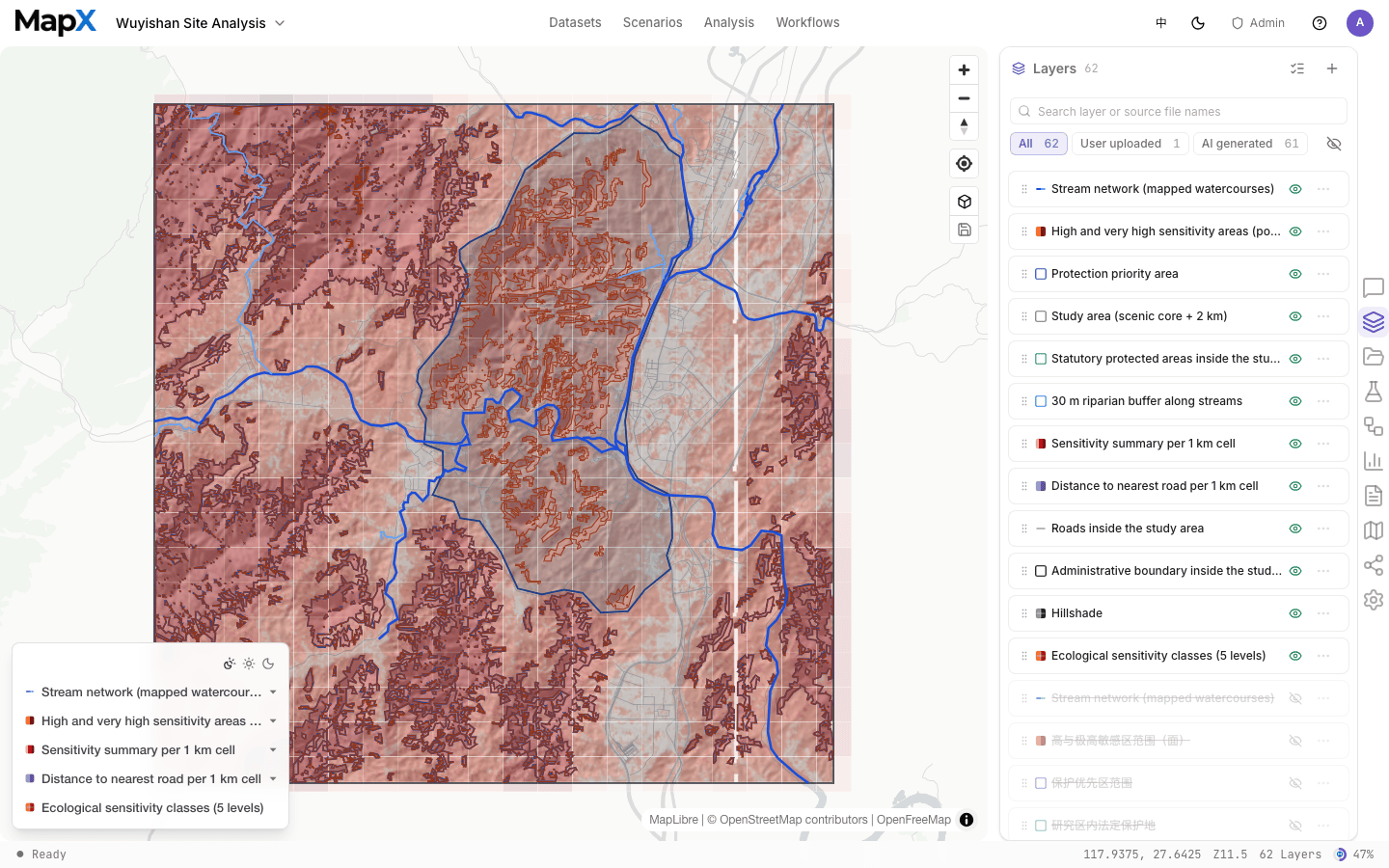 Layers panel listing every layer on the map, with search, source filters, and per-row visibility toggles