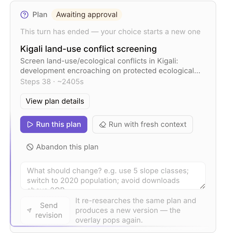 A decision card waiting for approval: run, run with fresh context, abandon, or send a revision