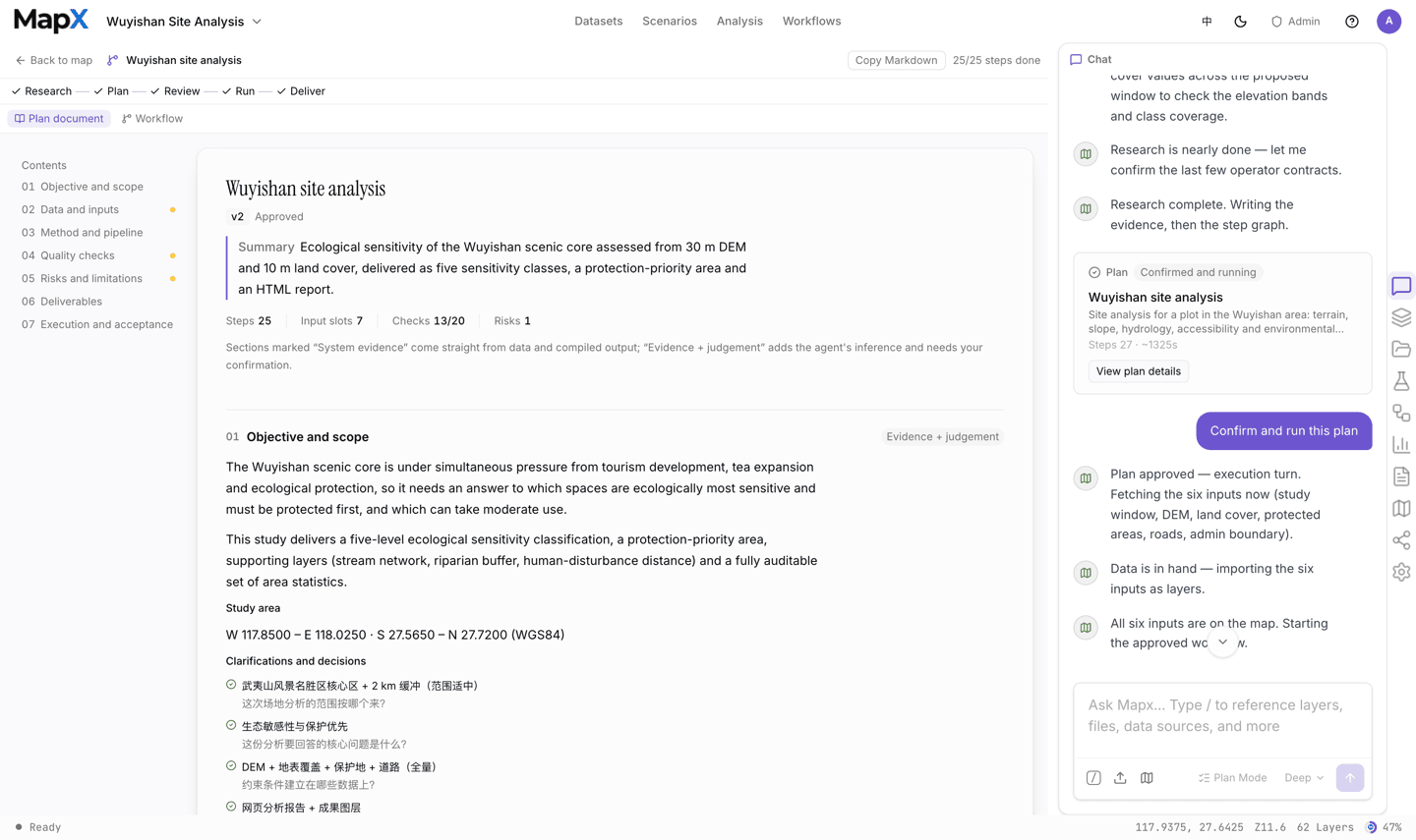 The plan workbench: chapters on the left, the plan document, and the step graph
