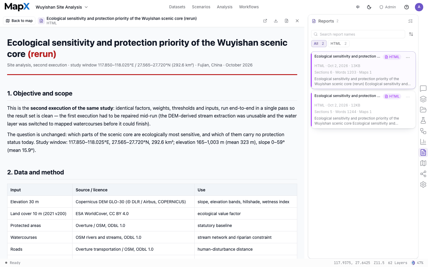 A report open in the canvas, with its maps, tables, and narrative rendered as a finished document