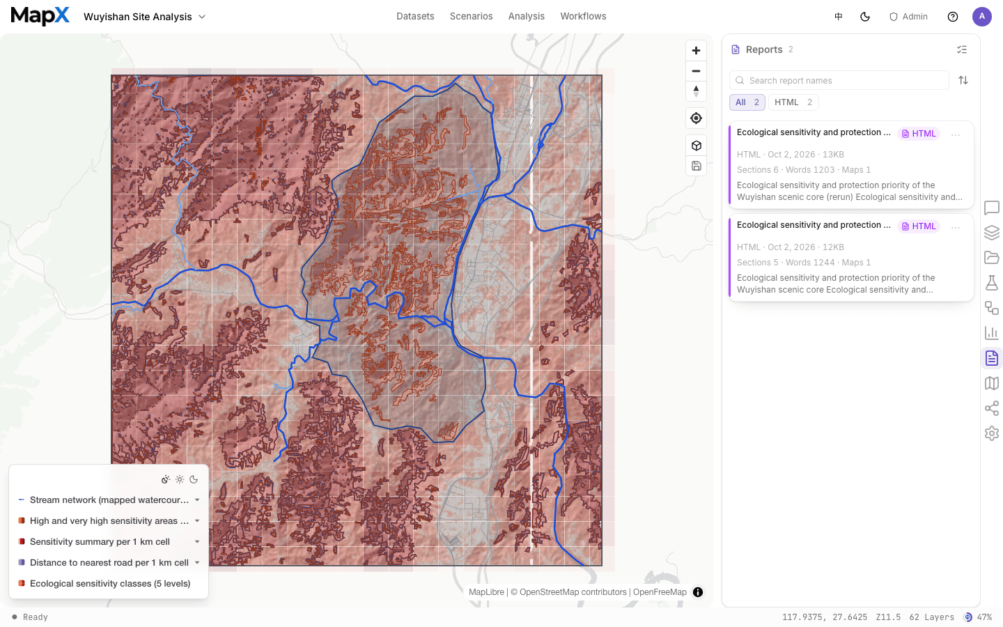 Reports panel listing HTML reports with their section, word, map, and file-size summary