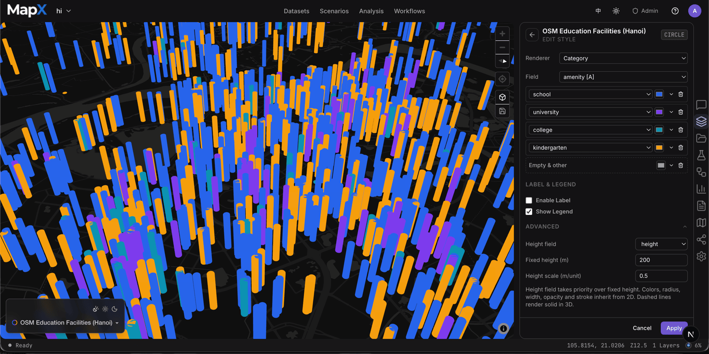 A point layer rendered as 3D columns colored by amenity type, with the 3D style controls — height field, fixed height, and height scale — open in the style editor