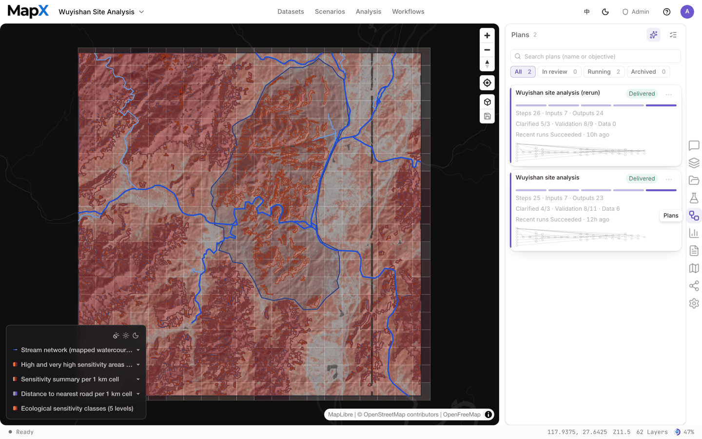 The Plans panel: each plan shows its status, step and input counts, deliverables, and recent runs