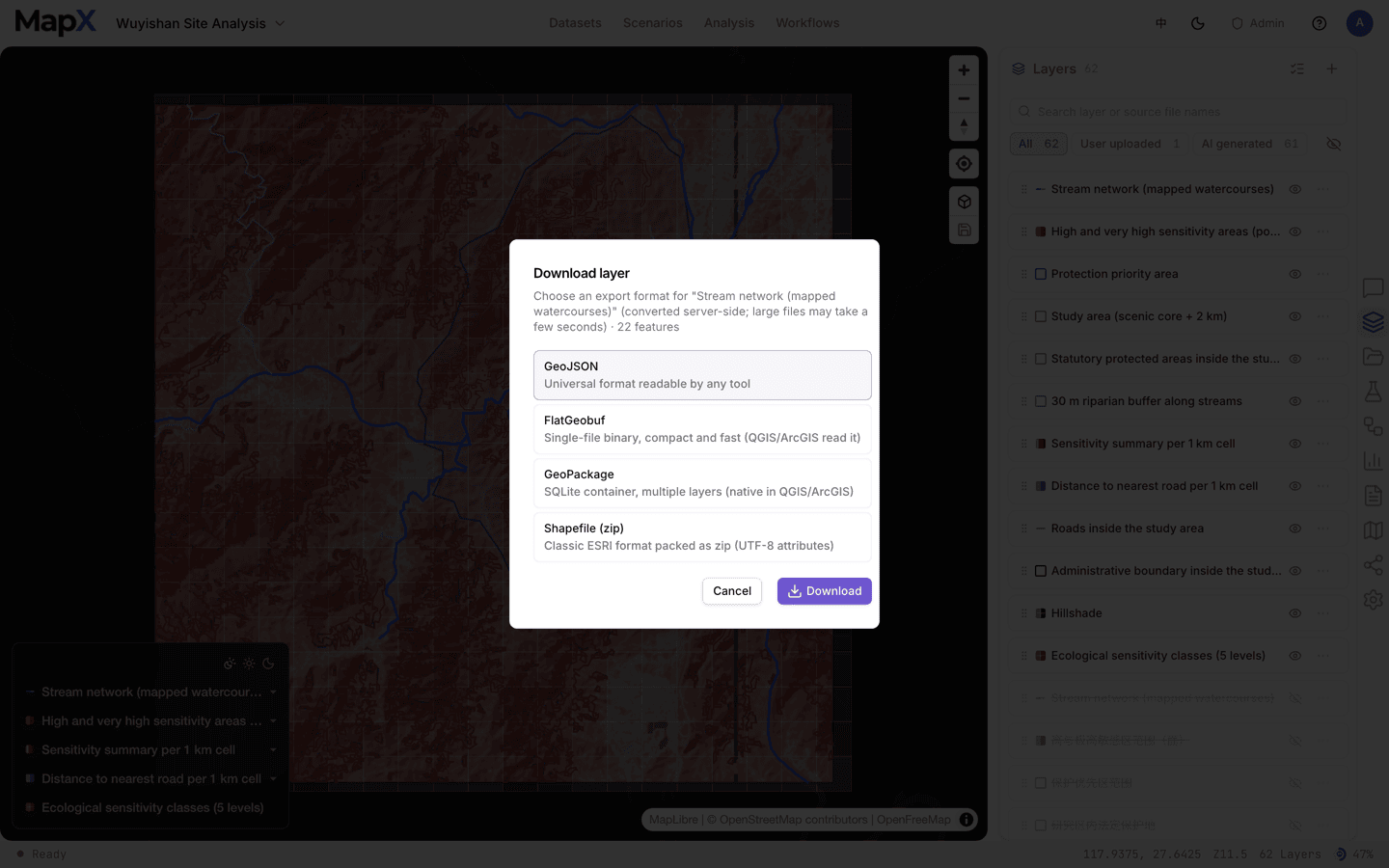 Choosing an export format for a layer: GeoJSON, FlatGeobuf, GeoPackage, or Shapefile