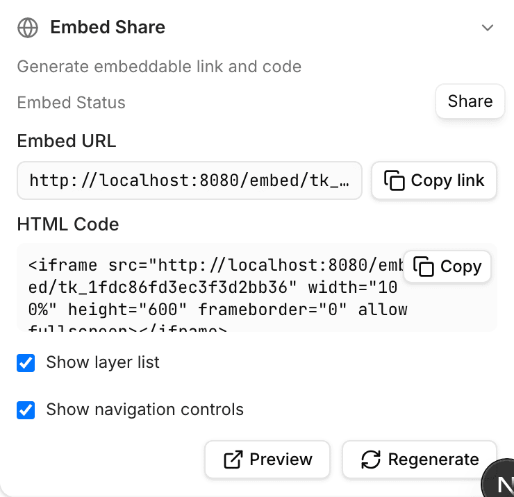 The embed section: status, link, iframe code, viewer options, preview and token regeneration