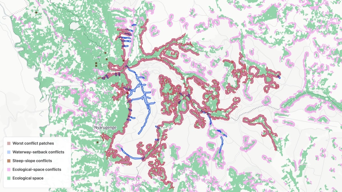 The Kigali run as delivered: ecological space with the three conflict families and the worst-patch ranking