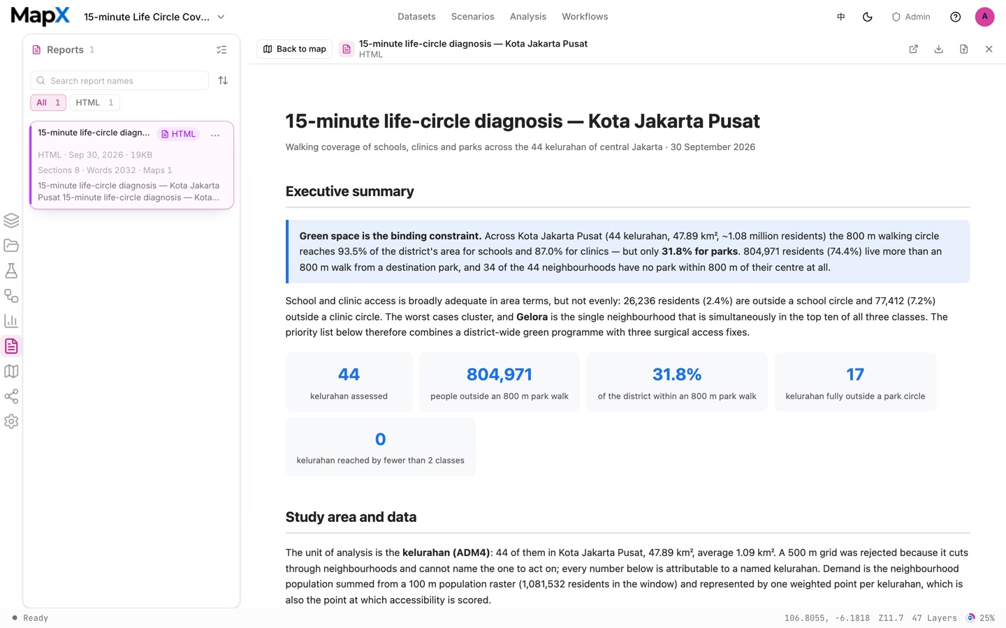 The scenario report opened in the report canvas, with an executive summary, figures and embedded maps