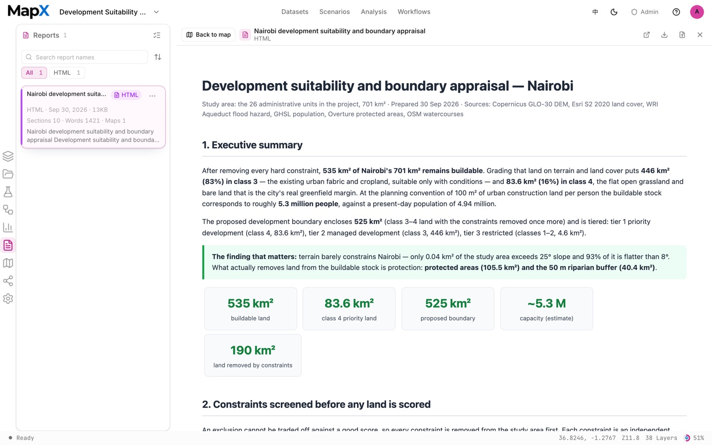 The scenario report opened in the report canvas, with an executive summary, figures and embedded maps