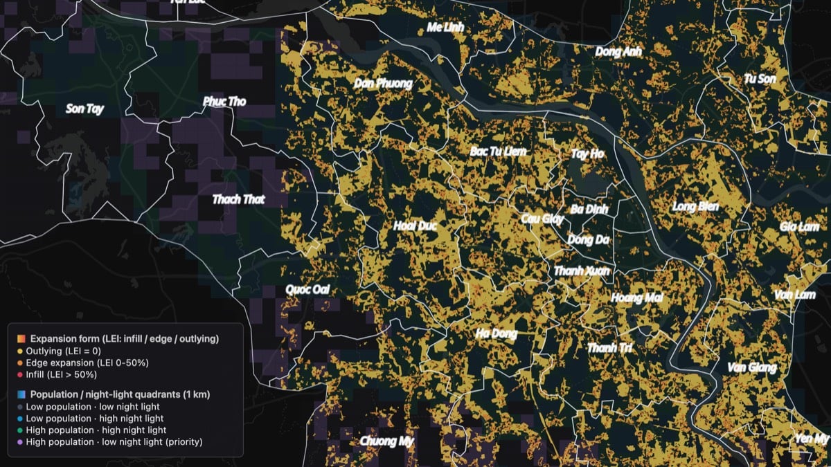 The Hanoi run as delivered: infill, edge and outlying expansion forms over the built-up raster, with population and night-light quadrants