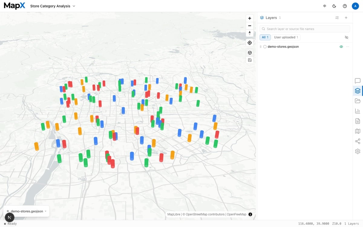 Store points rendered as 3D columns in MapX