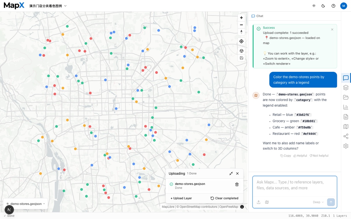 Ask a spatial question in the AI chat and see store points colored by category