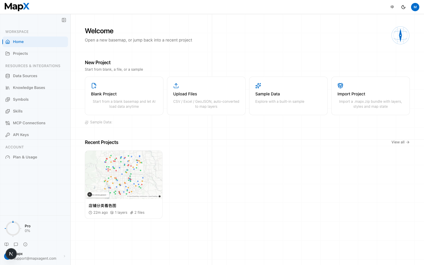 Choose a blank, sample-data, upload, or import project