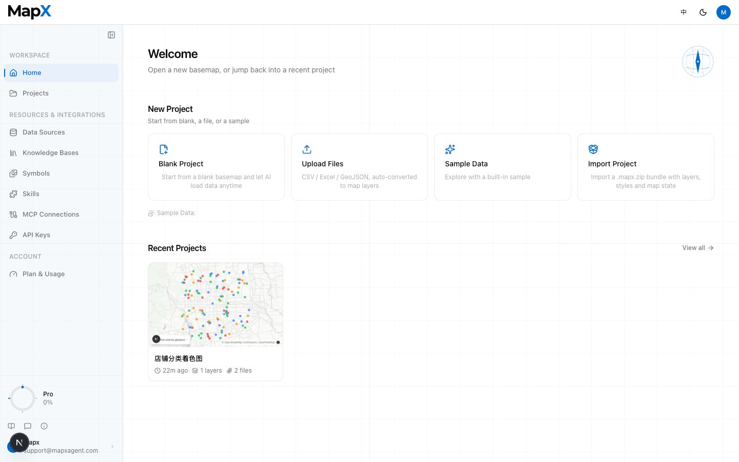 Choose a blank, sample-data, upload, or import project