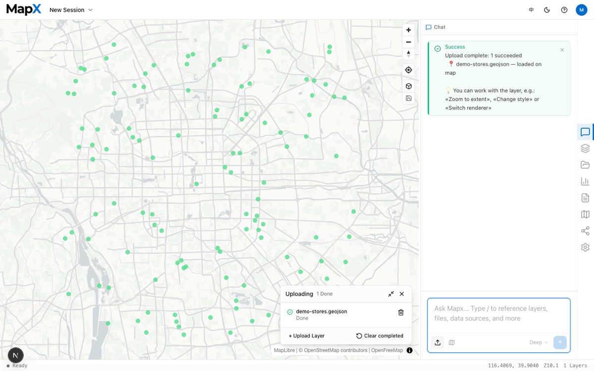 Uploaded GeoJSON file rendered on the map with a completed upload queue