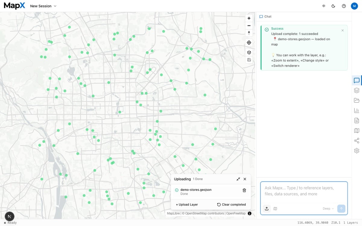 Uploaded GeoJSON file rendered on the map with a completed upload queue
