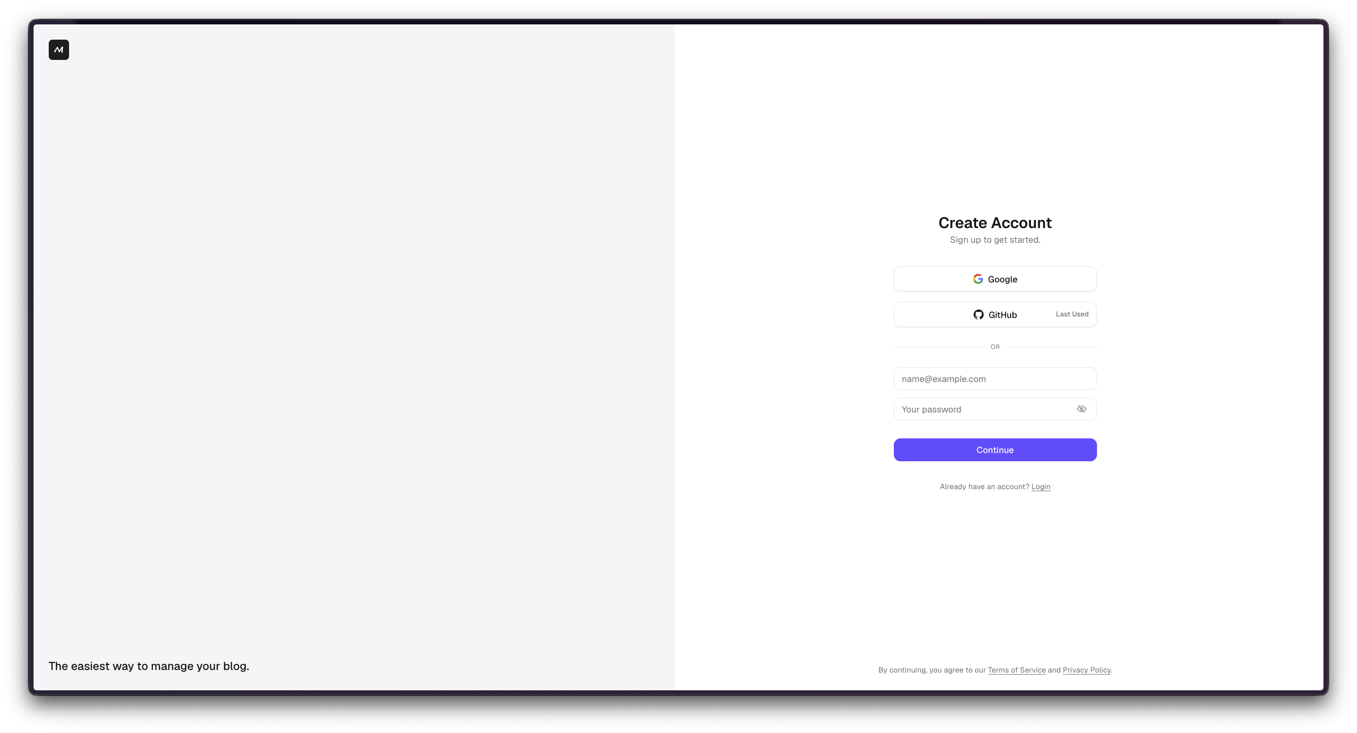 Marble sign-up page