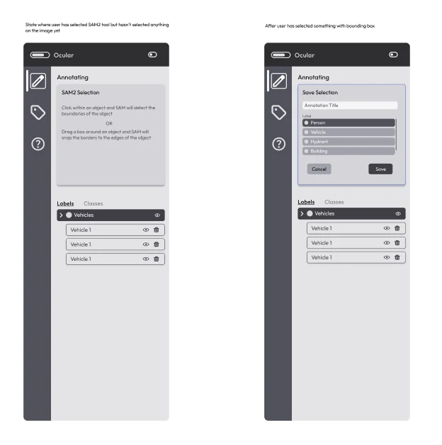 Wireframes for different options on the sidebar