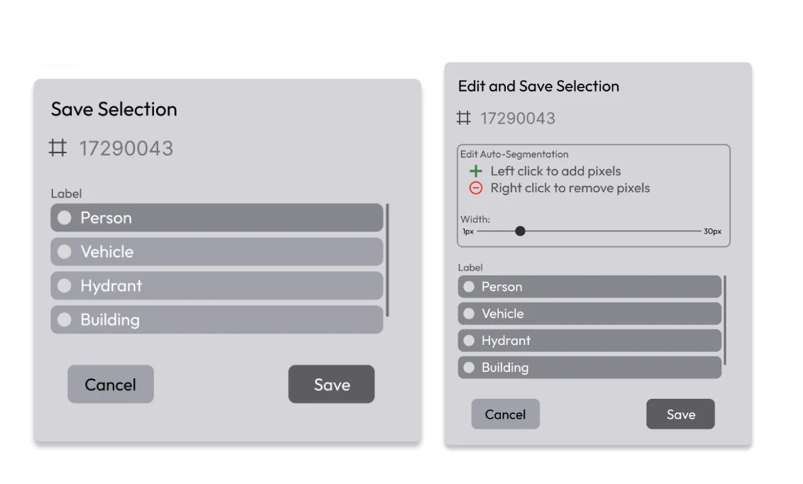 Options for the label popup based on the type of annotation (bounding box or segmentation)