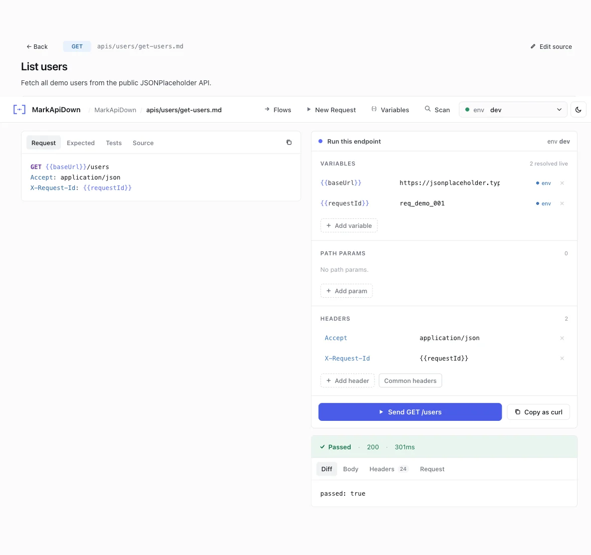 Endpoint response — Passed 200 with diff view