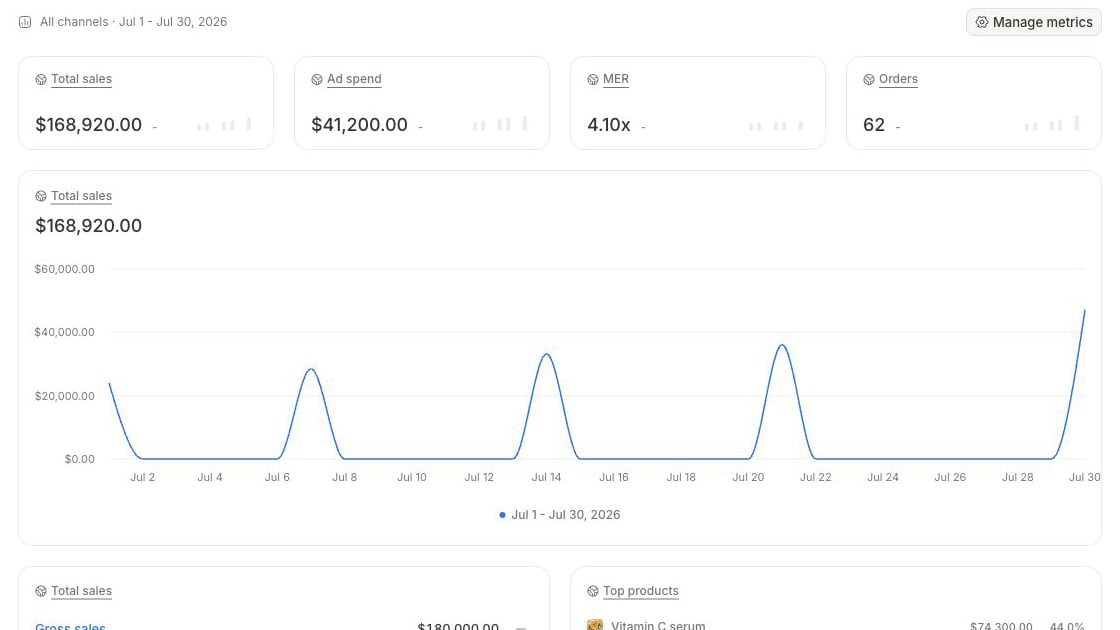 Analytics Performance with cards for total sales, ad spend, MER, and orders above a 30-day total-sales trend and supporting breakdowns
