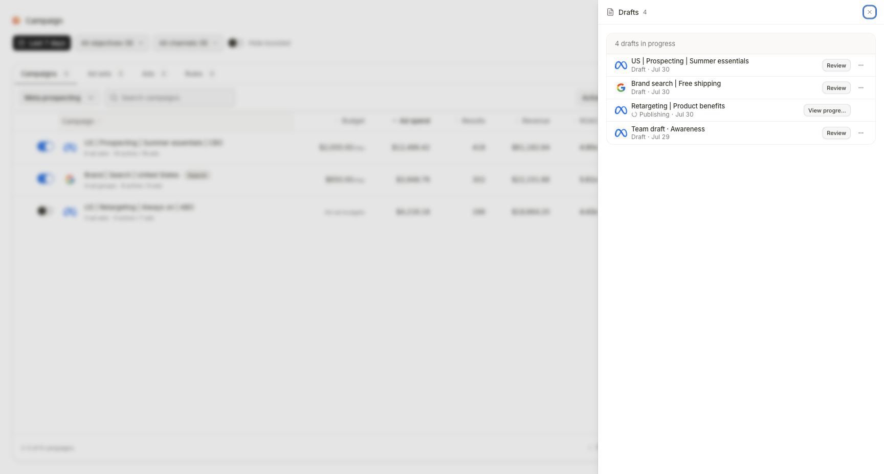 Campaigns Drafts drawer with Meta and Google drafts, Review actions, and a publishing campaign with View progress