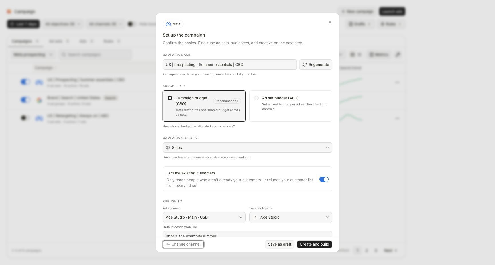 Meta campaign setup with campaign name, campaign or ad set budget, objective, acquisition boundary, ad account, Facebook page, destination, Save as draft and Create and build