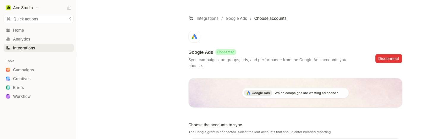 Google Ads integration header with Connected badge and Choose the accounts to sync heading