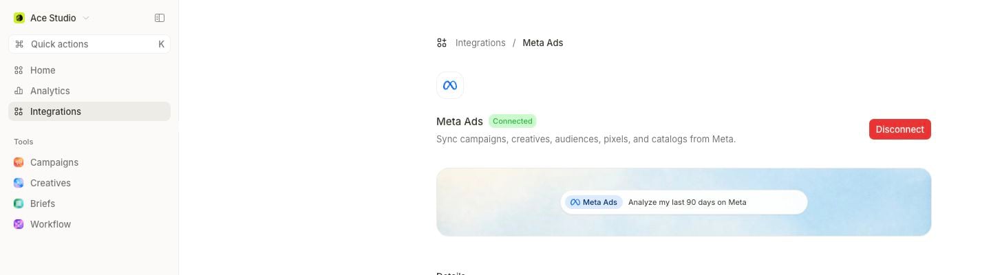 Meta Ads integration header with Connected badge and Disconnect action