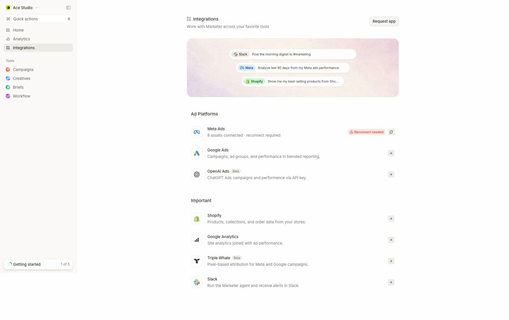 Marketer Integrations directory listing advertising, commerce, analytics, and collaboration providers with connection status