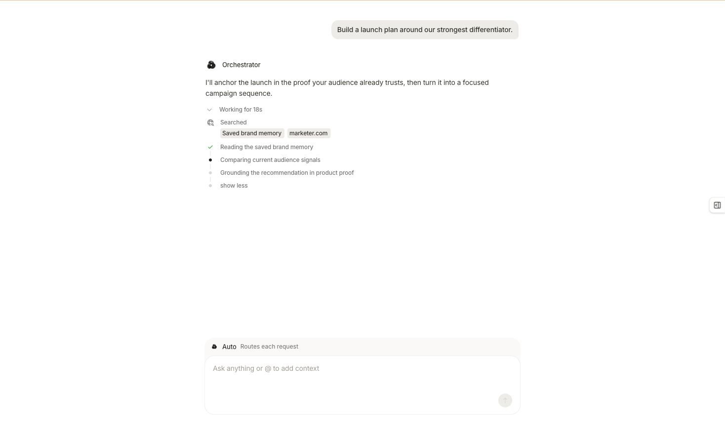 Marketer launch-plan task in progress with searched sources, one completed step, one active step, and remaining work