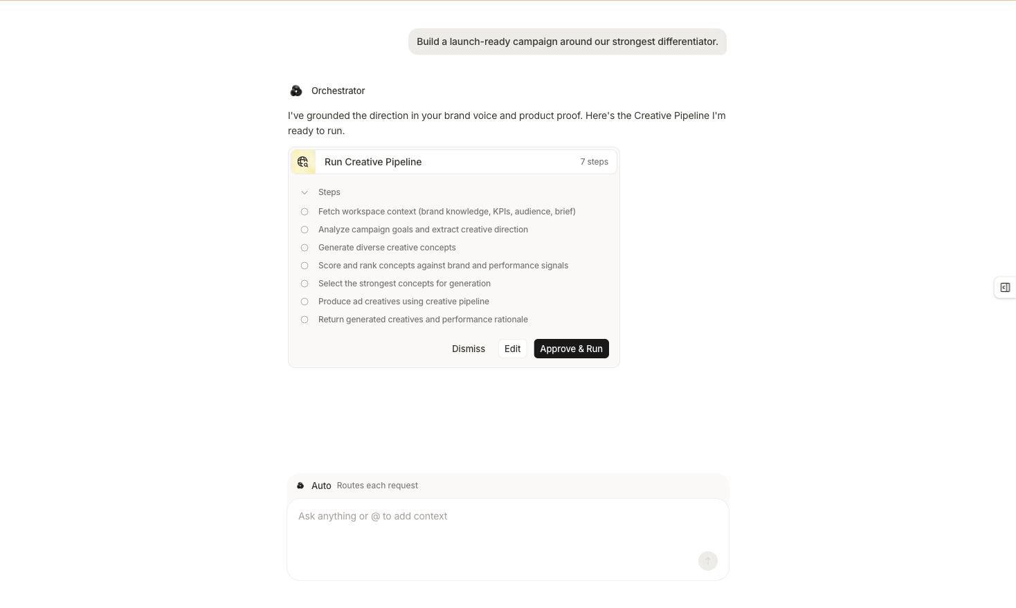 Marketer task proposal showing a seven-step creative pipeline with Dismiss, Edit, and Approve and Run controls