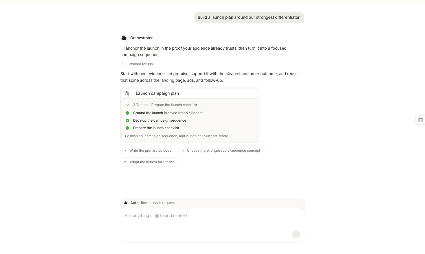 Completed Marketer task with its result, finished steps, and selectable follow-up directions